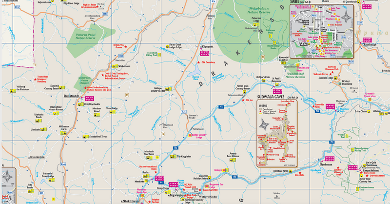 Map of Mpumalanga with various markers and labels on a pale background.