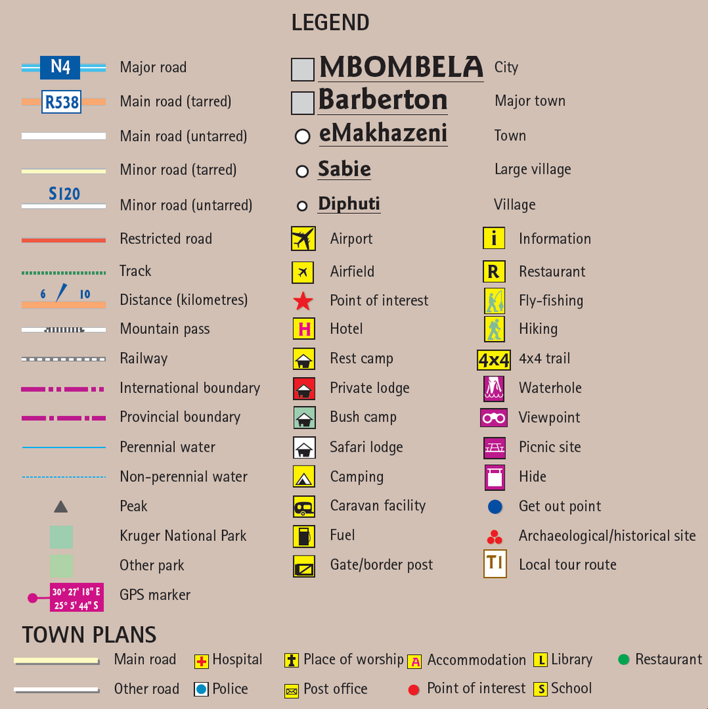 Map legend with symbols and their meanings on a beige background