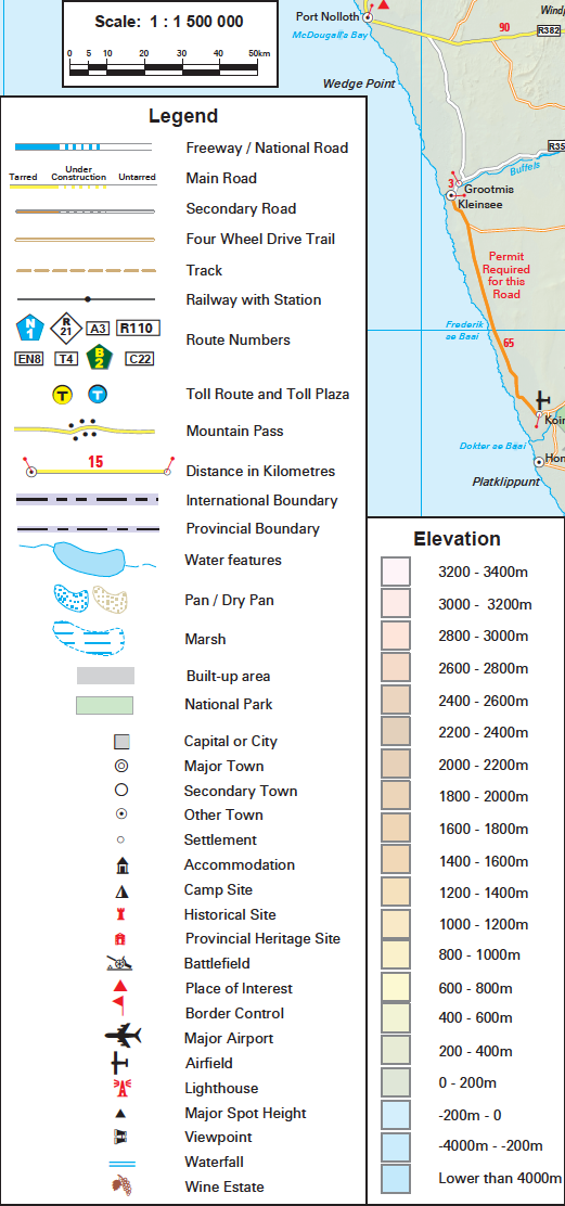 Map with various symbols and legends indicating different road types, water features, and elevations.
