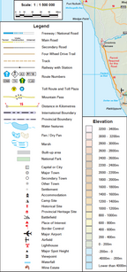 Map with various symbols and legends indicating different road types, water features, and elevations.