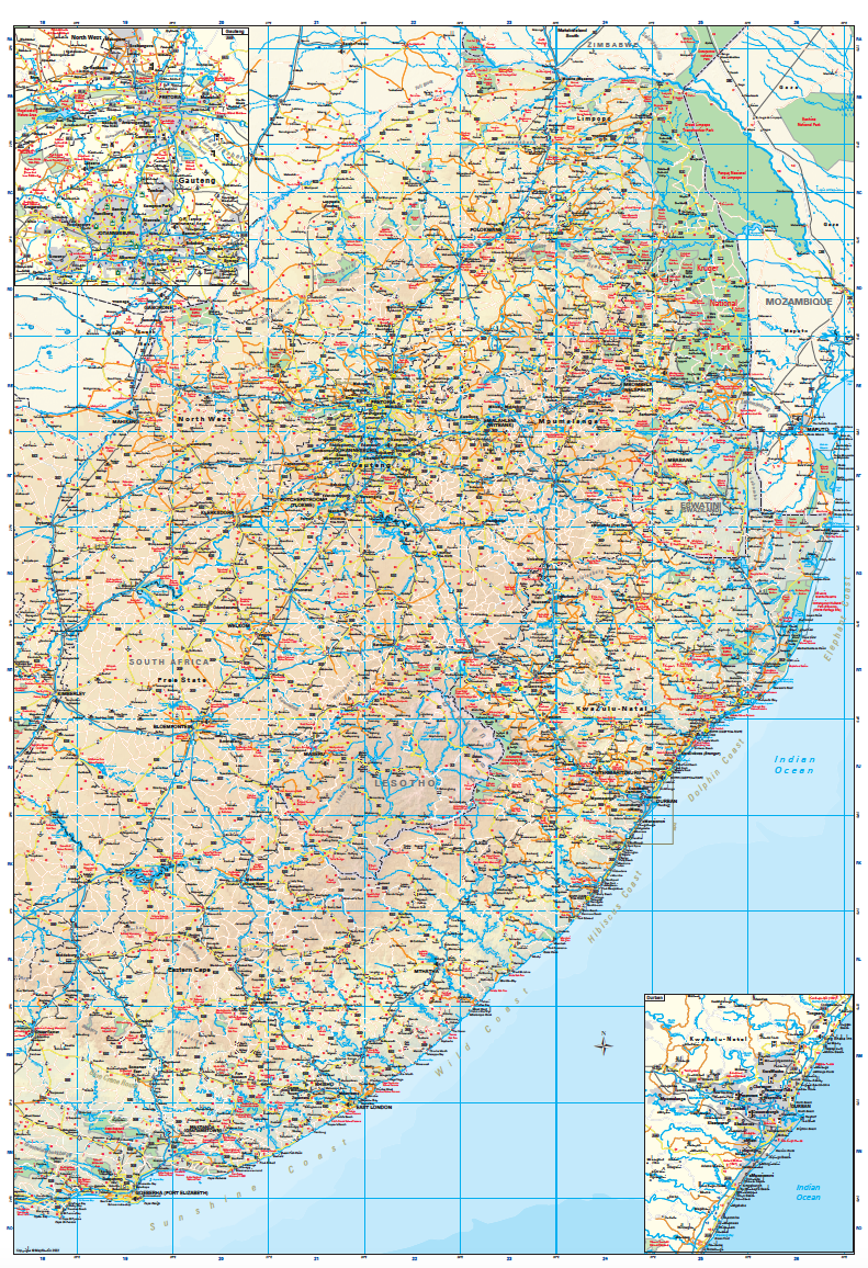 Map of South Africa with detailed roads and geography.