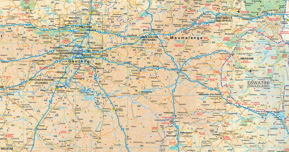 Detail from the South Africa Road Map showing national routes and towns