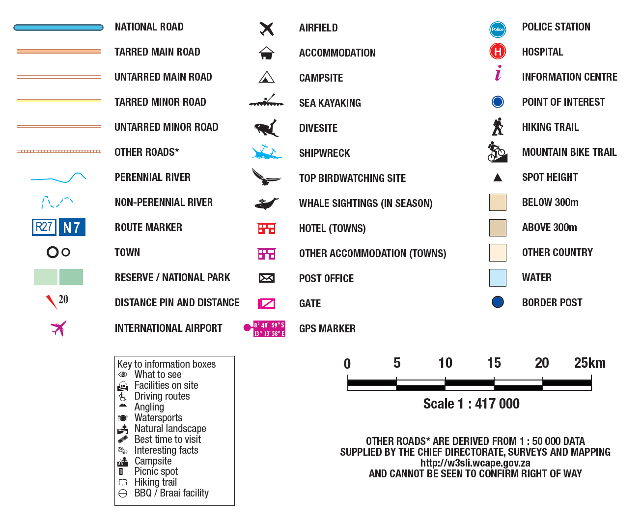 Map symbols and legend for various geographical features on a white background.
