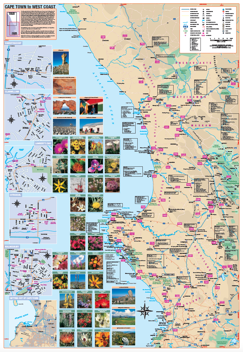 Map of the West Coast with various icons, images and map insets of towns.
