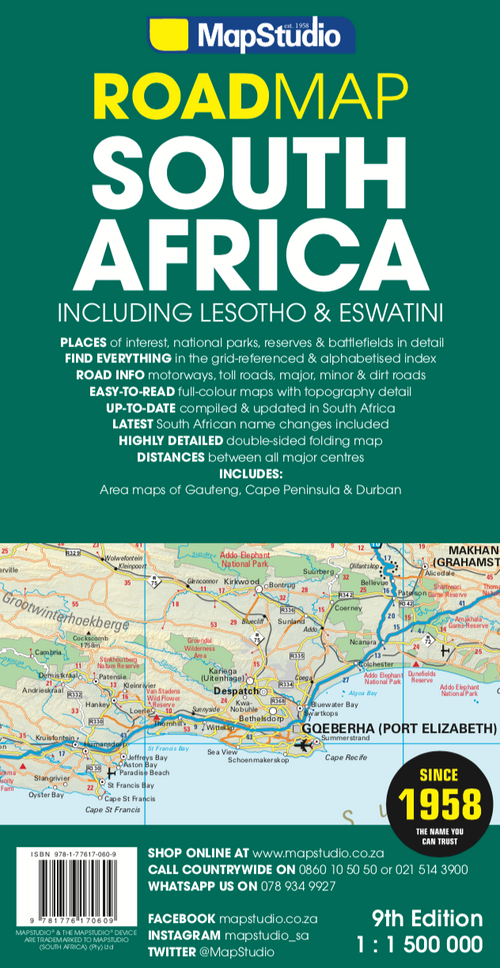 Cover of a road map of South Africa, featuring a map inset of Gqeberha.