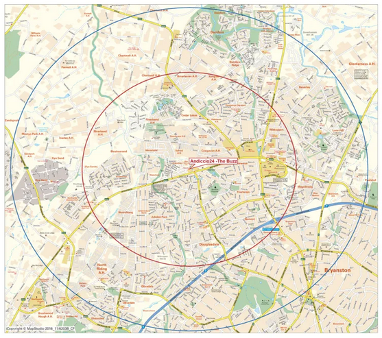 Map of a city with concentric circles indicating different zones or areas.