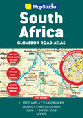 Cover of a South Africa Glovebox Road Atlas with a map inset and top features highlighted in red circles.