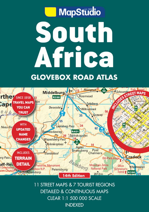 Cover of a South Africa Glovebox Road Atlas with a map inset and top features highlighted in red circles.