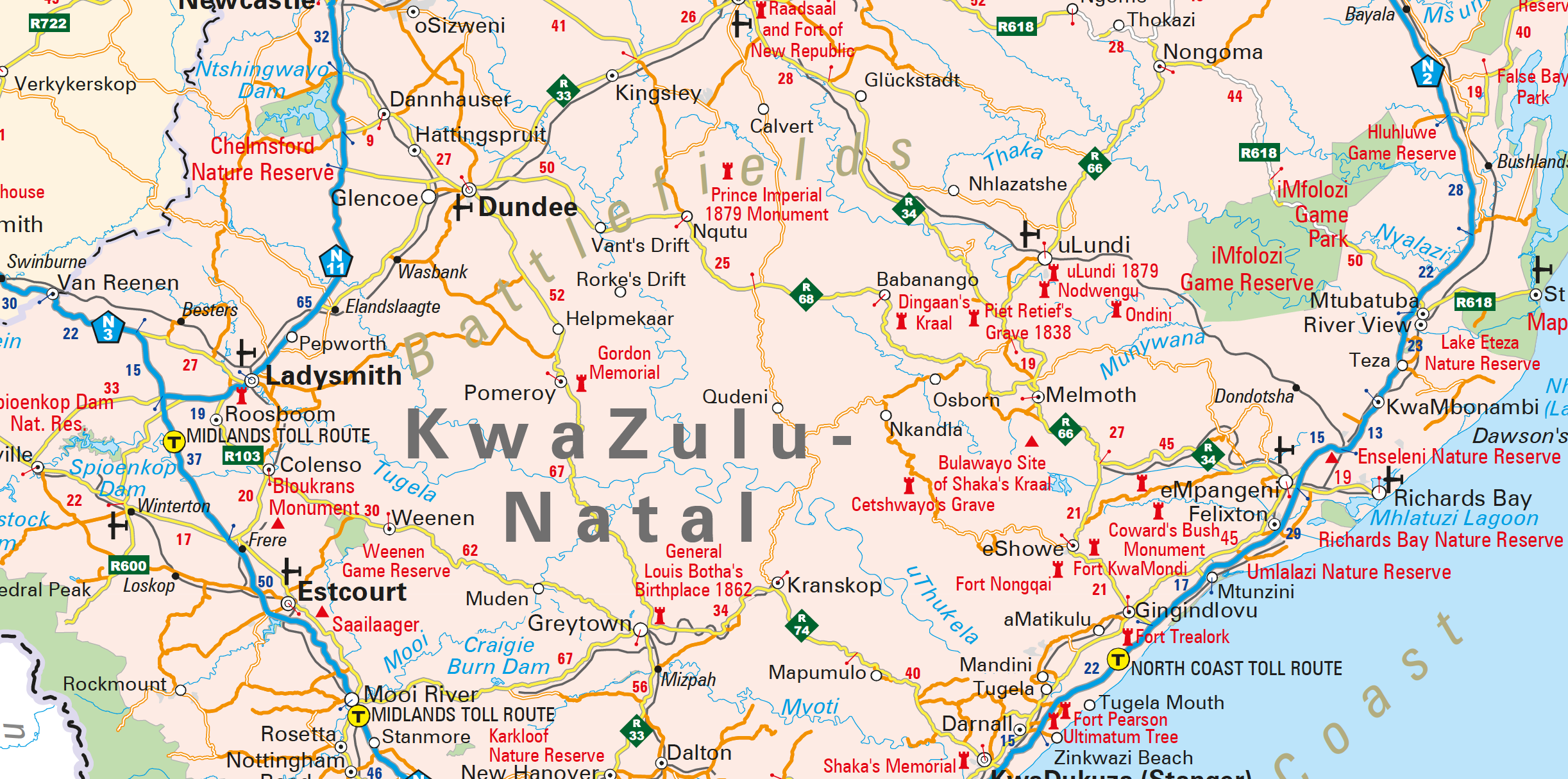 Map of KwaZulu-Natal with historical sites featuring prominently.