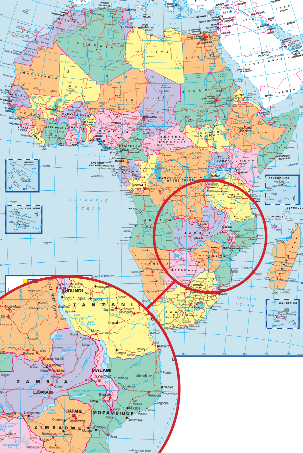 Map of Africa with highlighted regions, including a close-up of East Africa.