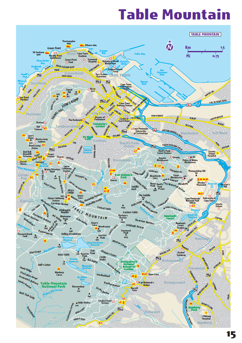 Map of Table Mountain surrounding suburbs with various routes and landmarks labelled.