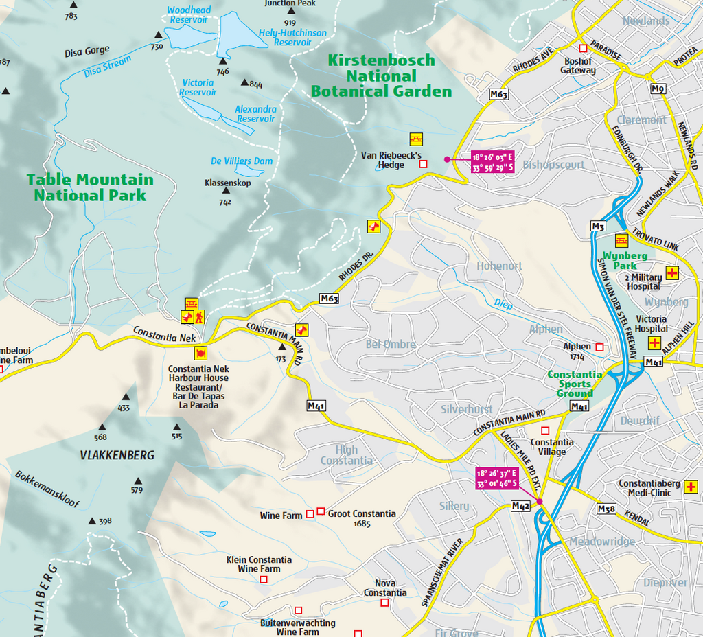 Map of Cape Town with Table Mountain National Park and Kirstenbosch National Botanical Garden highlighted.