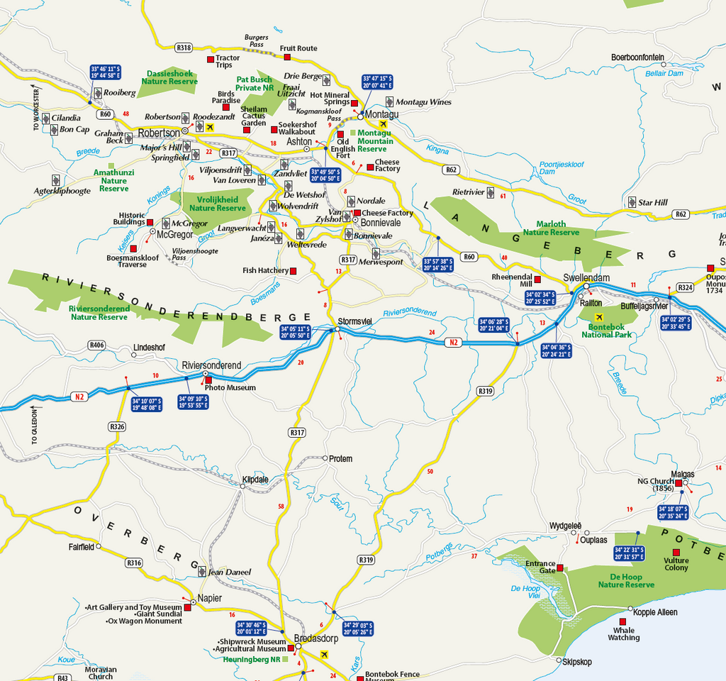 Map of the Overberg region with major roads and nature reserves highlighted.