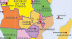 Map of southern and central Africa with countries colored by region.