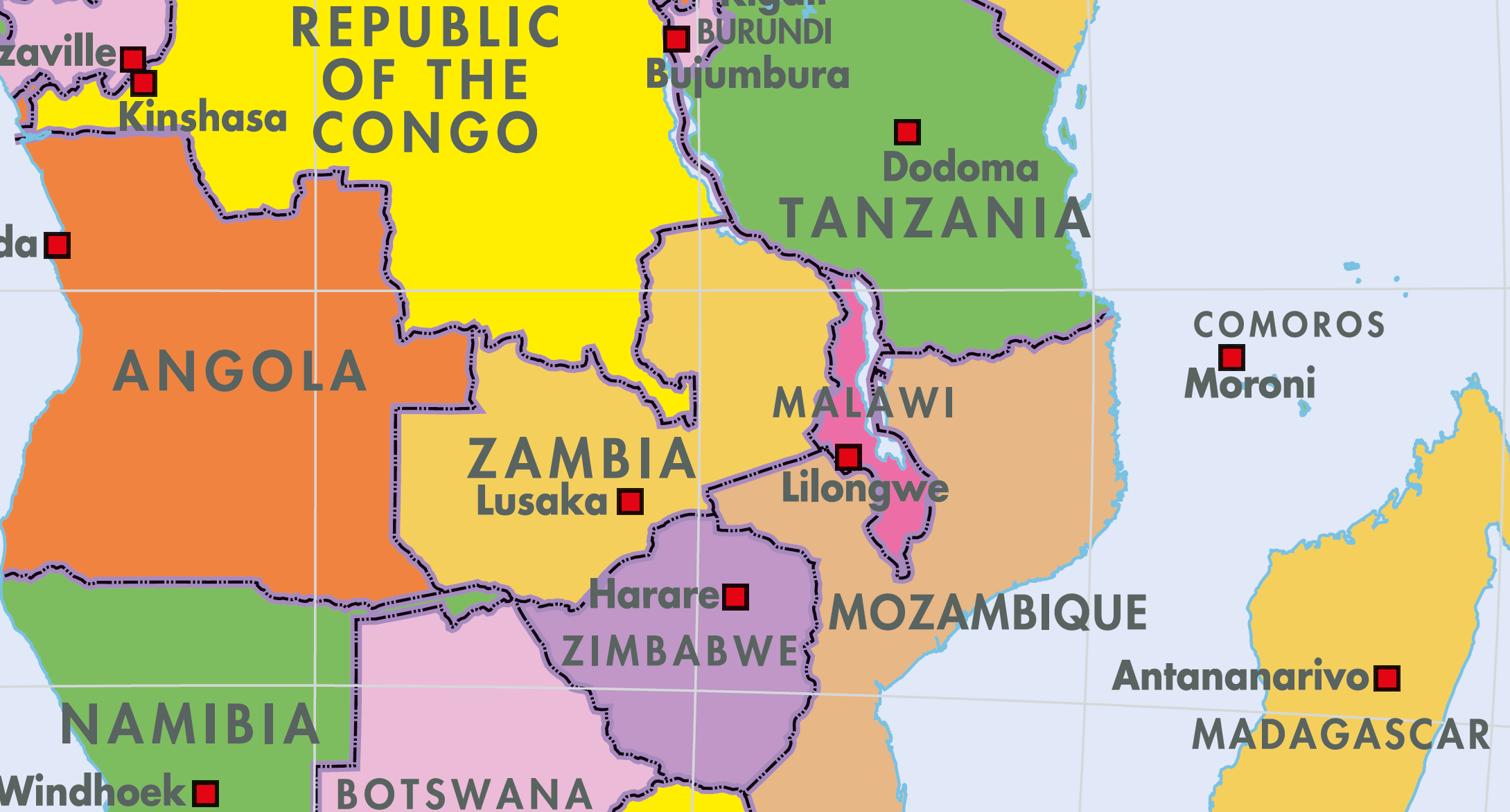 Map of southern and central Africa with countries colored by region.
