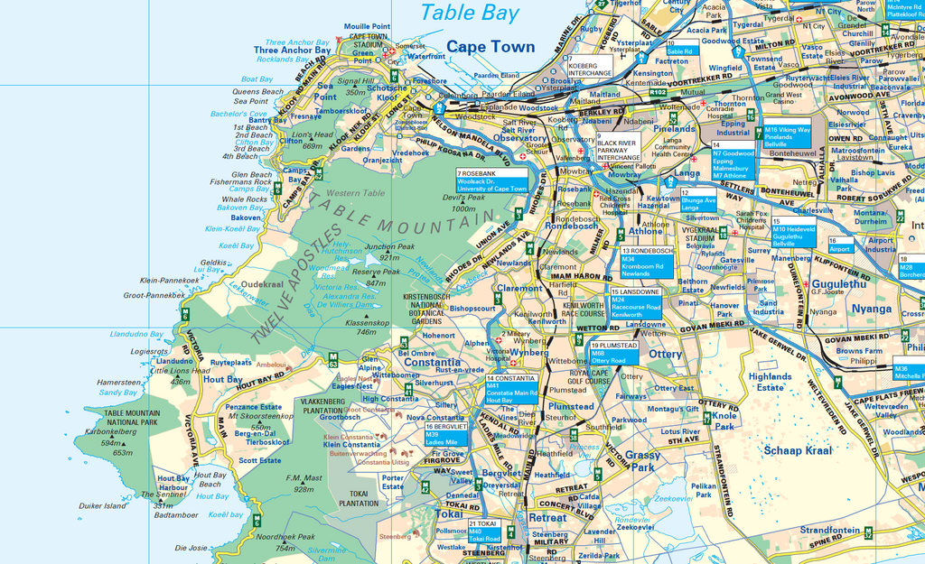 Map of Cape Town with various locations marked