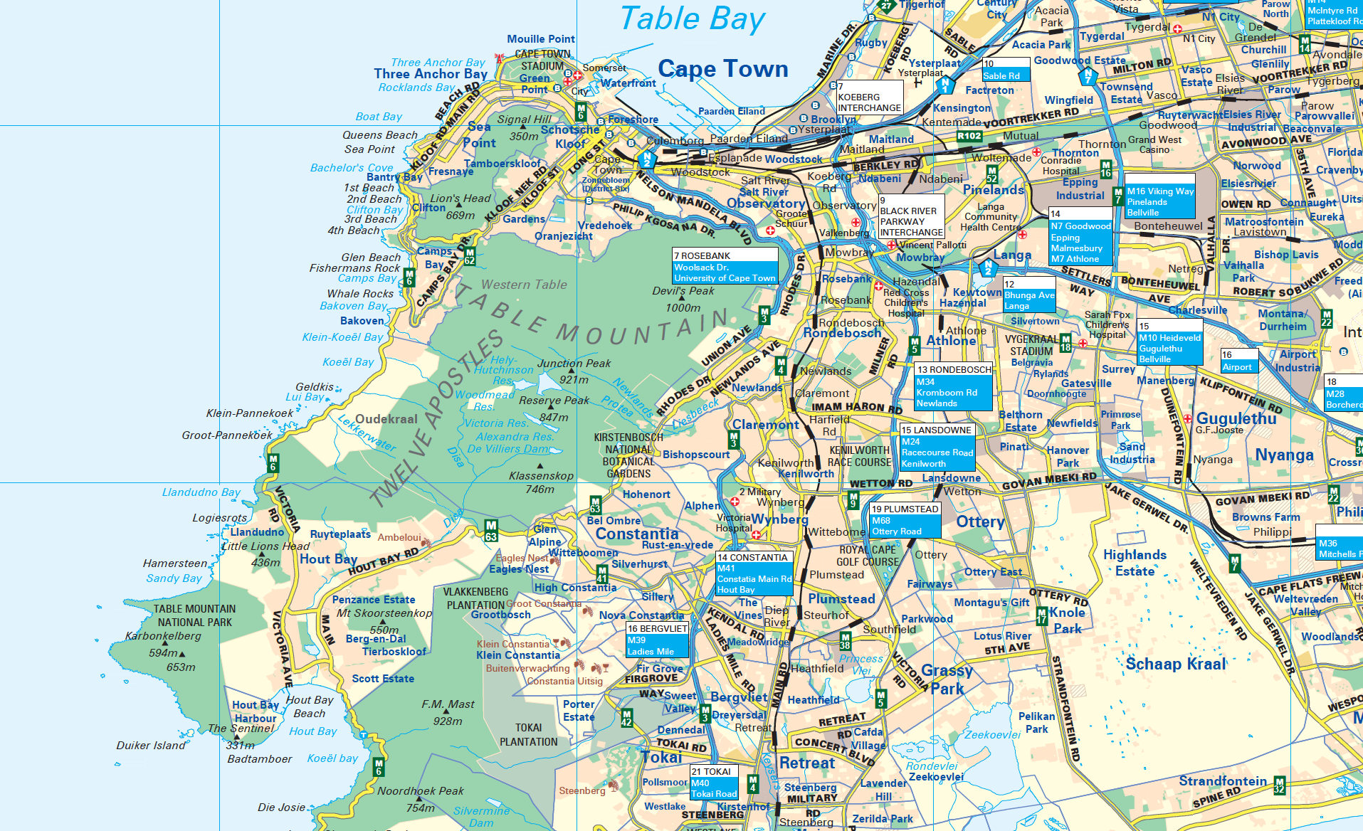 Map of Cape Town with various locations marked