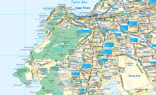 Map of Cape Town with various locations marked