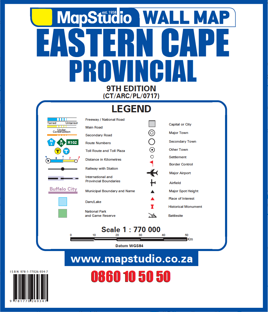 MapStudio wall map of Eastern Cape Provincial legend and scale information.