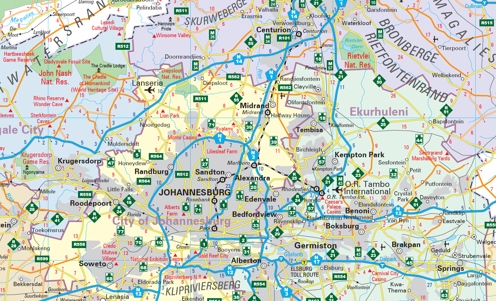 Map of Gauteng and surrounding areas with various labels and colours.