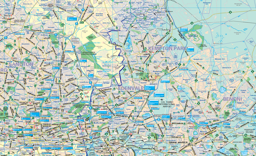 Map of eastern Johannesburg with various roads, locations, and possibly landmarks.