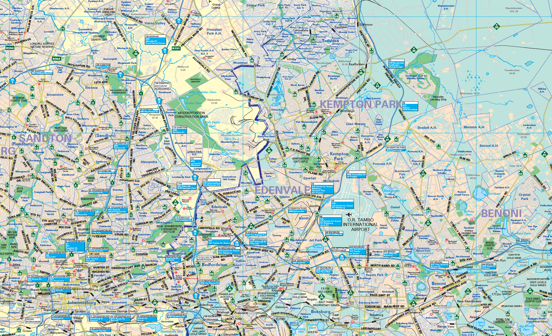 Map of eastern Johannesburg with various roads, locations, and possibly landmarks.