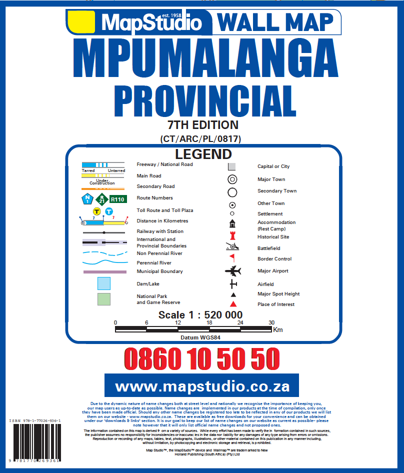 MapStudio wall map of Mpumalanga Provincial legend and contact information.