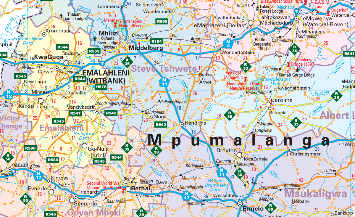 Detail from the Mpumalanga Provincial Wall Map showing the Lowveld and the escarpment