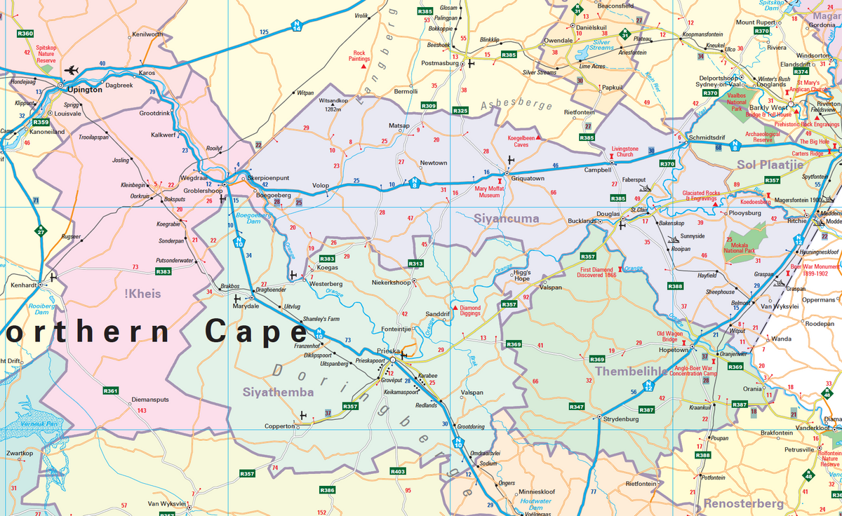 Detail from the Northern Cape Provincial Wall Map showing Namaqualand and the west coast