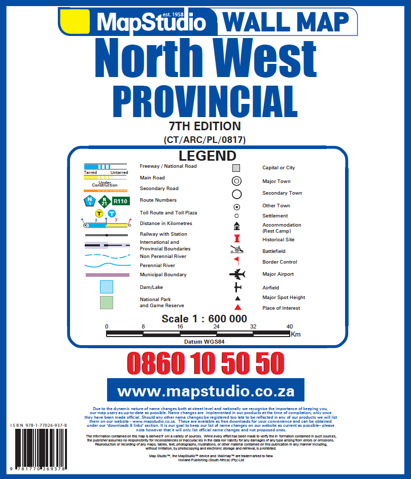 MapStudio wall map of North West Provincial, 7th edition, legend and contact information.