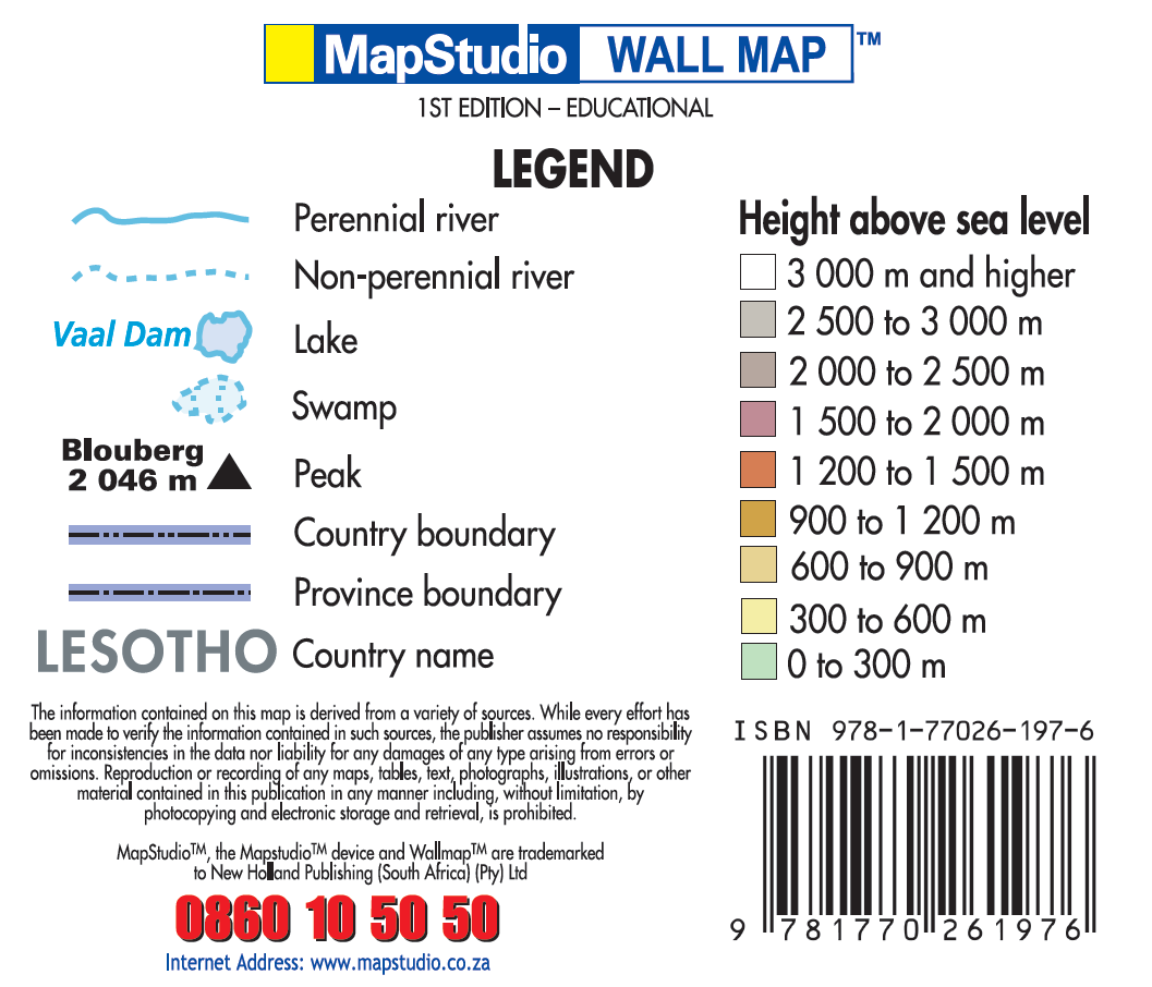 MapStudio wall map legend with elevation color coding and a barcode.