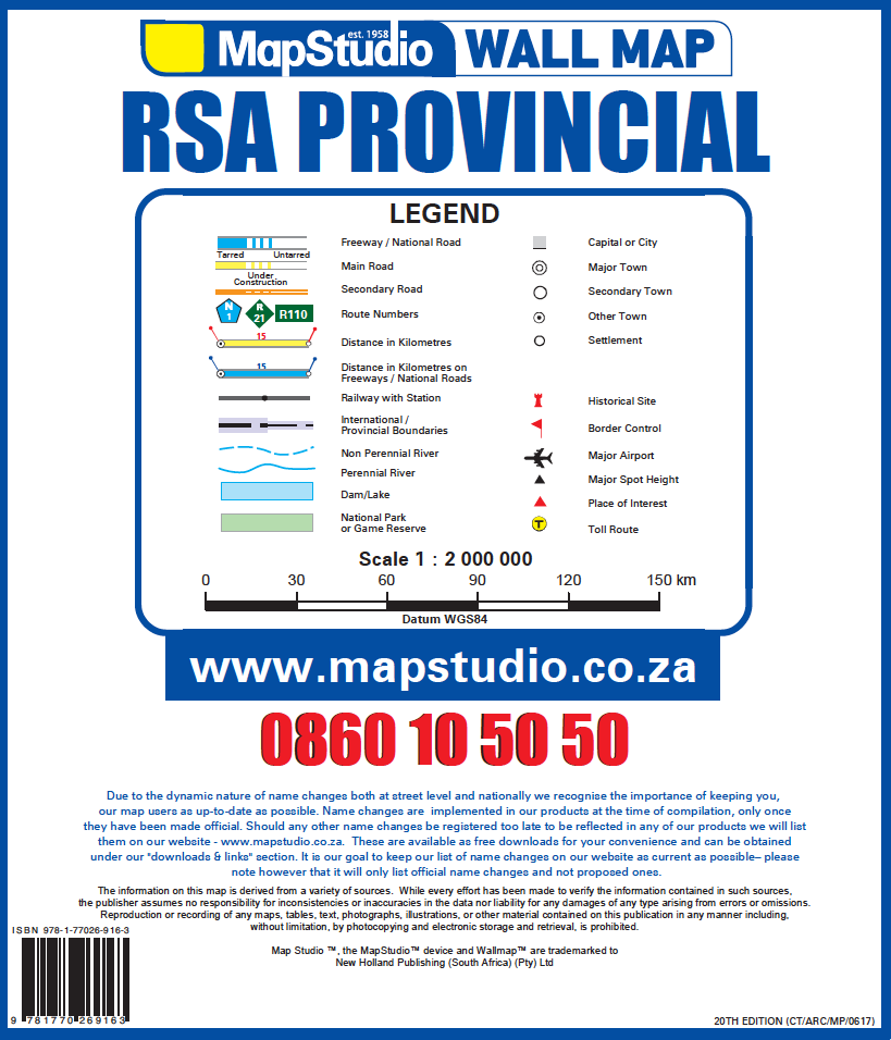 MapStudio RSA Provincial wall map legend and contact information.