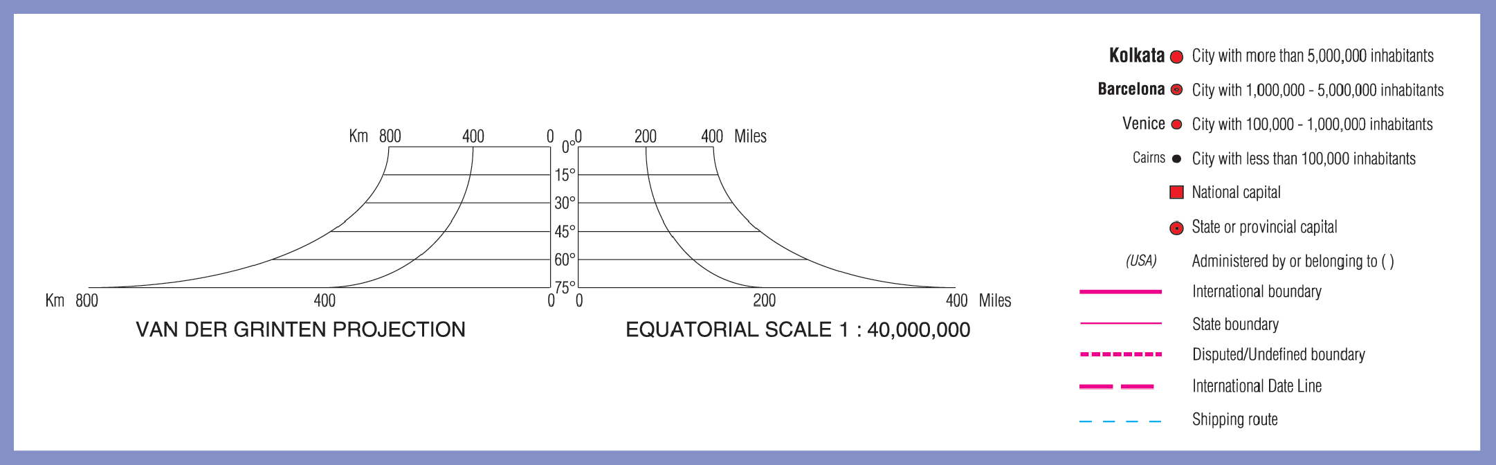 Map projection diagram with Van der Grinten projection and equatorial scale, and map legend.