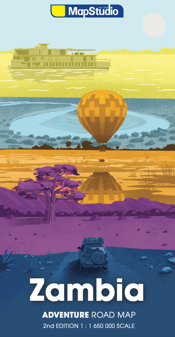 Illustrated map cover of Zambia with a hot air balloon, train, and vehicle on a blue background.