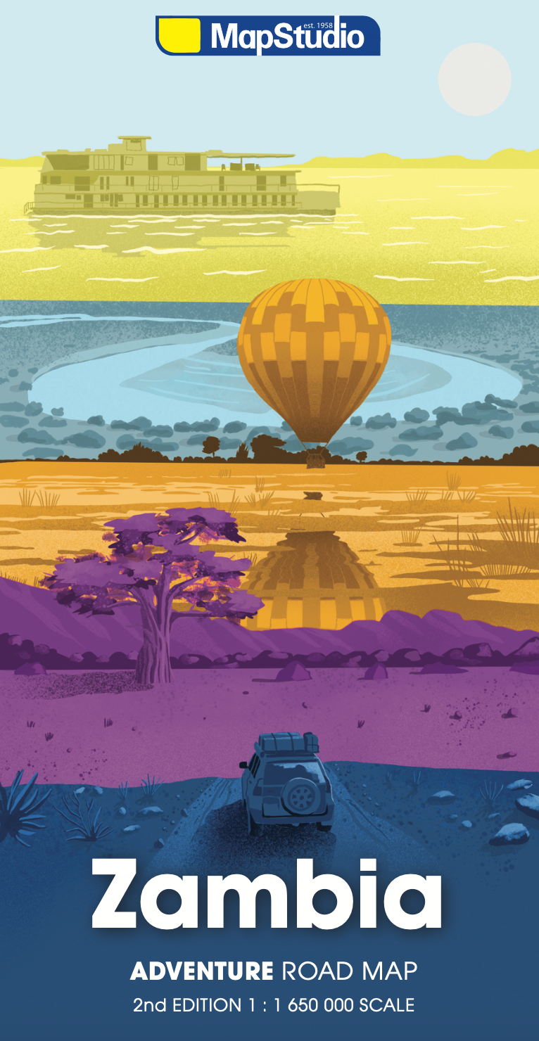 Illustrated map cover of Zambia with a hot air balloon, train, and vehicle on a blue background.