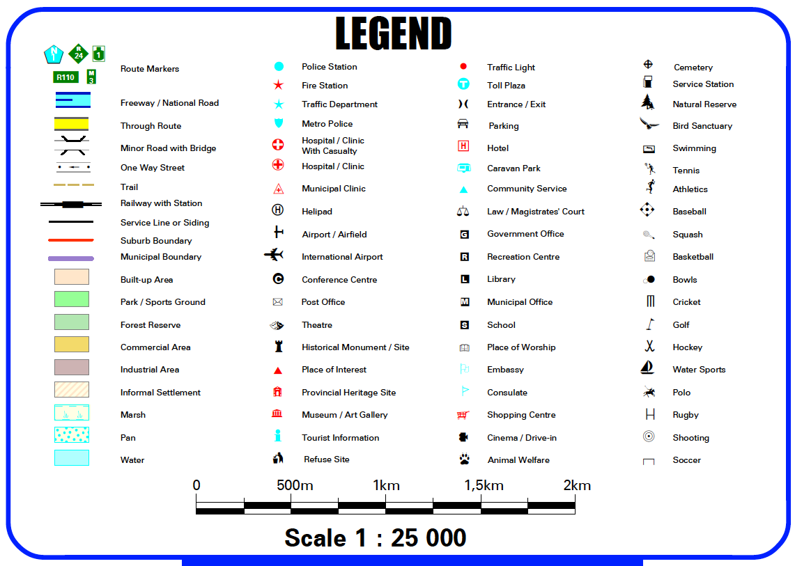 Legend of the Joburg Large Wall Map listing route markers, road classes, railways, boundaries, area shading, emergency services, civic buildings, amenities and sports facilities. Scale 1:25 000.