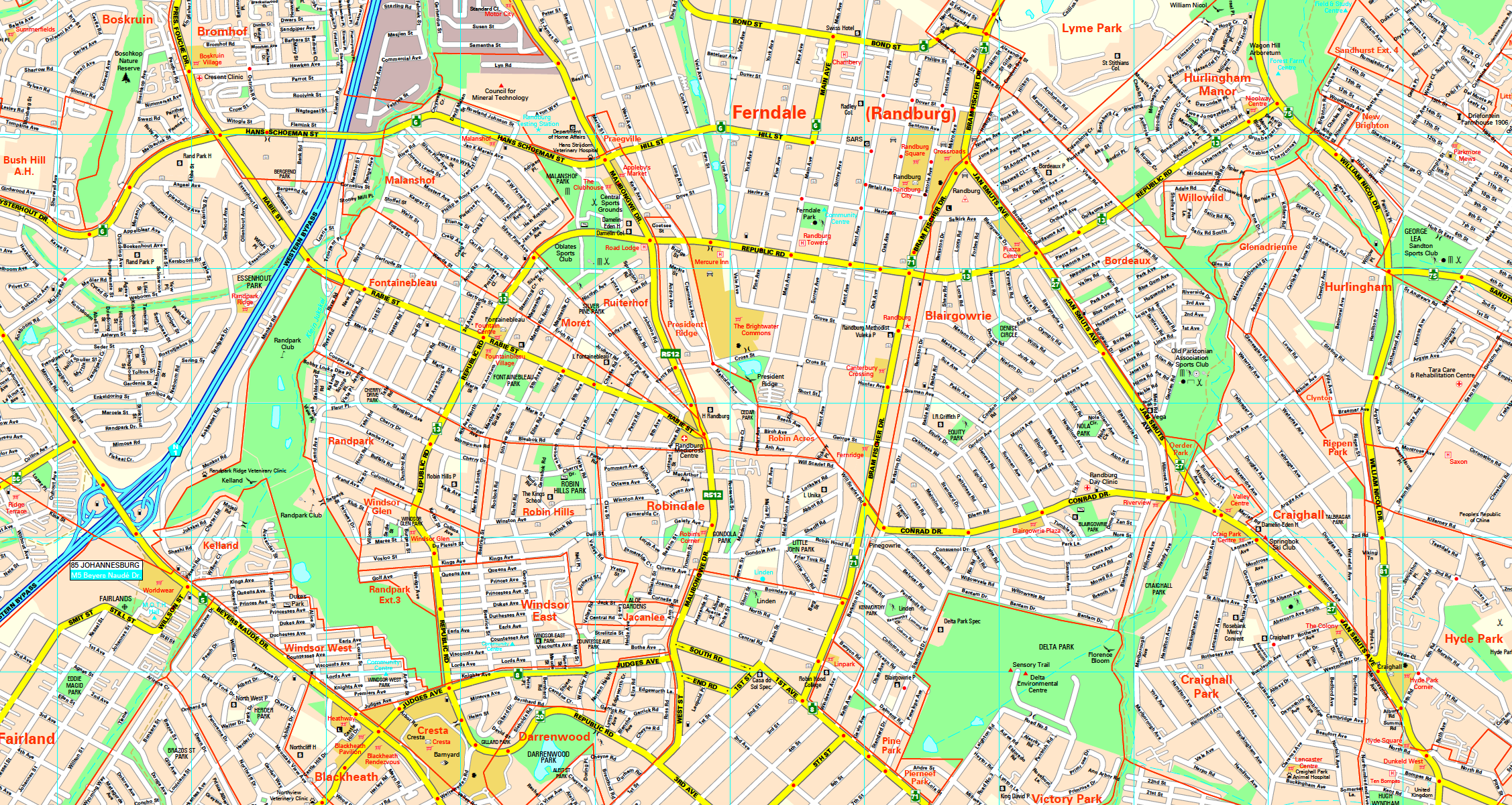 Detail from the Joburg Large Wall Map at 1:25 000, showing individual street names, suburb boundaries, route numbers and civic landmarks.