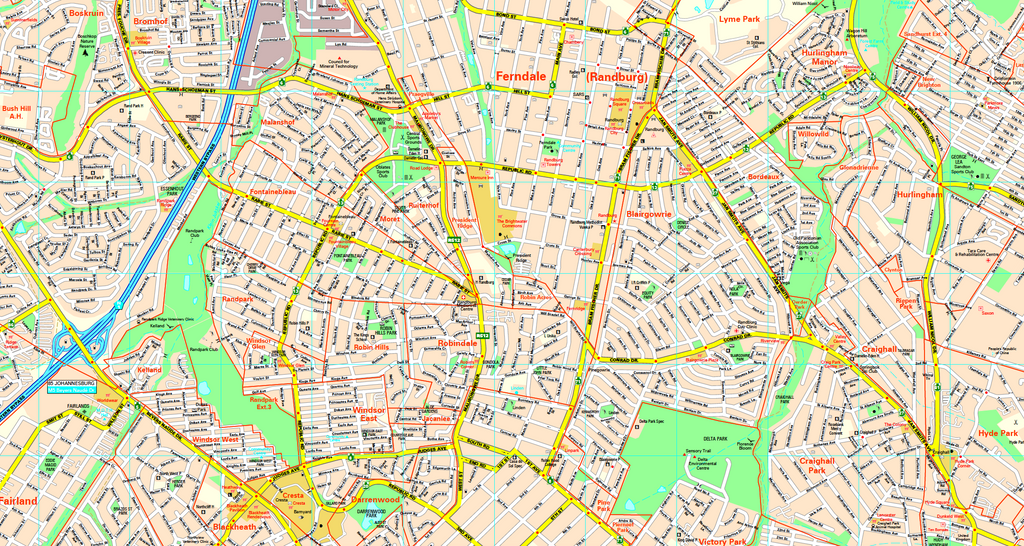 Detail from the Joburg Large Wall Map at 1:25 000, showing individual street names, suburb boundaries, route numbers and civic landmarks.