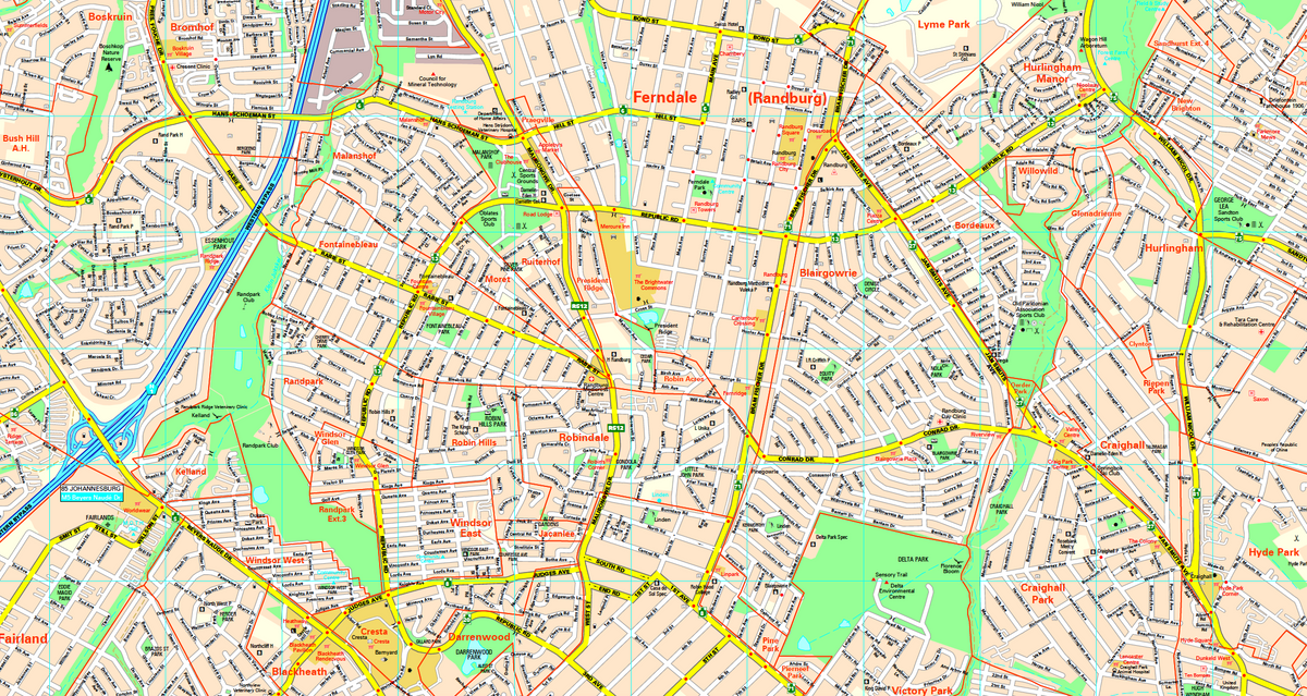 Detail from the Joburg Large Wall Map at 1:25 000, showing individual street names, suburb boundaries, route numbers and civic landmarks.