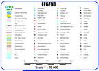 Legend of the Joburg Large Wall Map listing route markers, road classes, railways, boundaries, area shading, emergency services, civic buildings, amenities and sports facilities. Scale 1:25 000.
